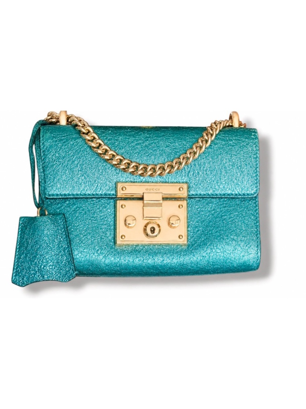 Gucci Small Padlock Bag Turchese Teal Metallic Galassia Leather 409487